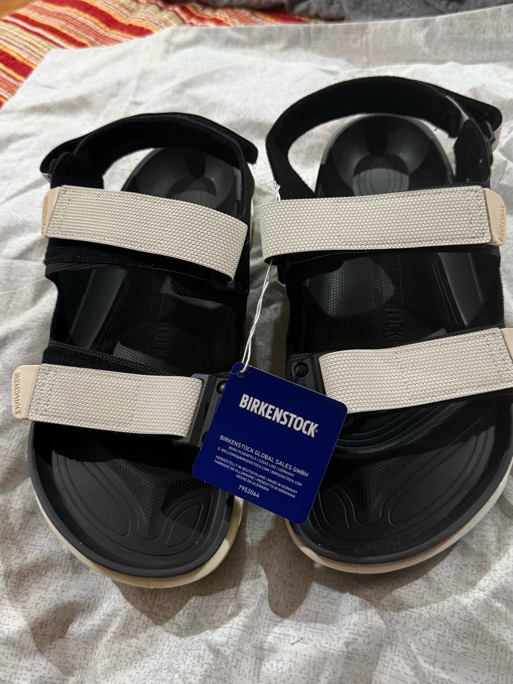 Birkenstock Black Sandals with Cream Straps and Sporty Footbed size 43